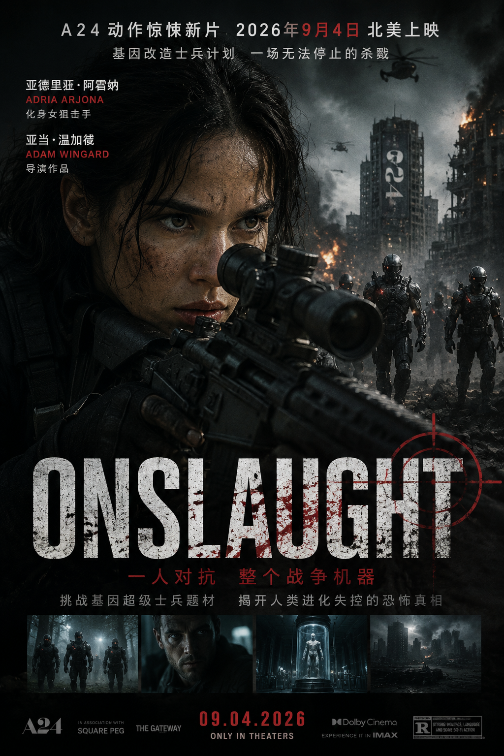 《Onslaught》2026最新影视资讯：A24动作惊悚新片9月4日上映，亚德里亚·阿霍纳化身女狙击手，亚当·温加德挑战基因超级士兵题材