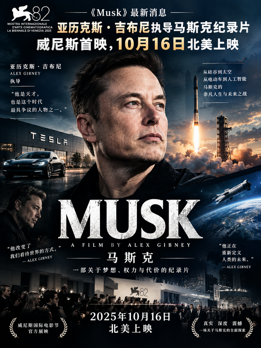 《Musk》最新消息：亚历克斯·吉布尼执导马斯克纪录片，威尼斯首映，10月16日北美上映